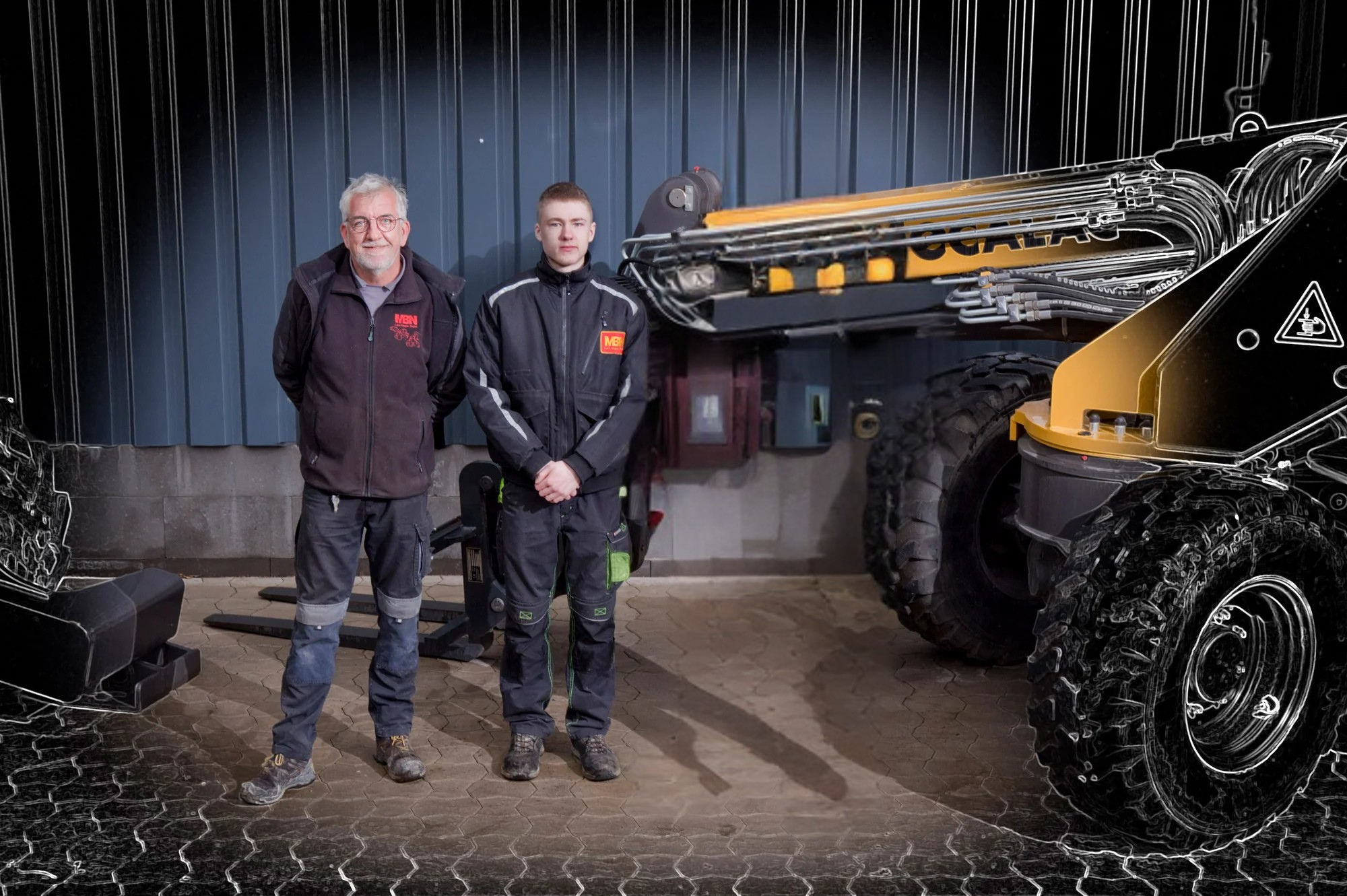 MBN Baumaschinenwelt - Team Vermietung Das MBN Team Vermietung vor einer Containerwand, eingrahmt von Baumaschienen