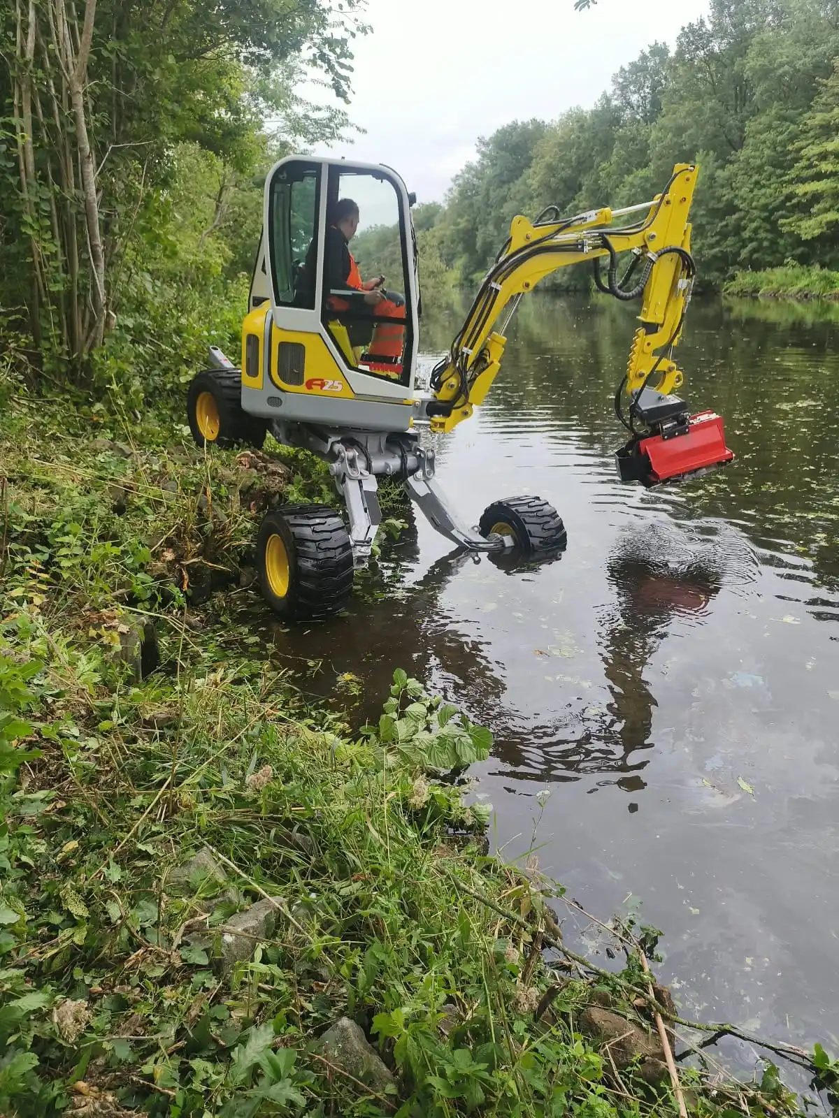 Ein gelber Menzi Muck-Schreitbagger steht mit verstellbaren Beinen auf einem bewachsenen Flussufer und im Wasser. Sein Arm führt ein rotes Mähgerät im Fluss.