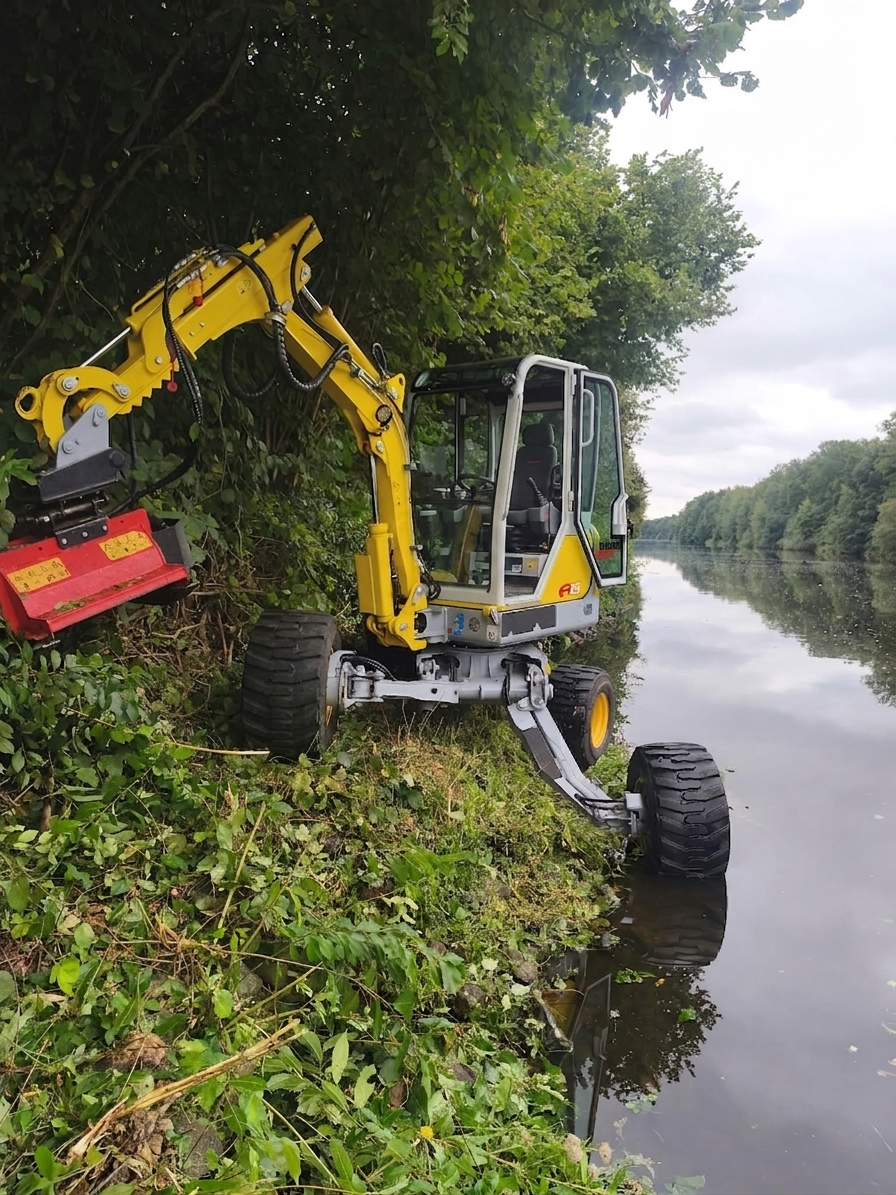 Menzi Muck A25 Schreitbagger mit Seppi Mulcher am Kanalufer Ein gelber Schreitbagger von Menzi Muck ist an einem steilen, überwachsenen Flussufer positioniert. Seine verstellbaren Beine sind ausgefahren, um ihn auf unebenem Gelände zu stabilisieren, mit einem Rad am Wasserrand. Ein rotes Mulcher-Anbaugerät am Ausleger ist hoch in die Bäume gerichtet. Im Hintergrund ein Kanal unter bewölktem Himmel.