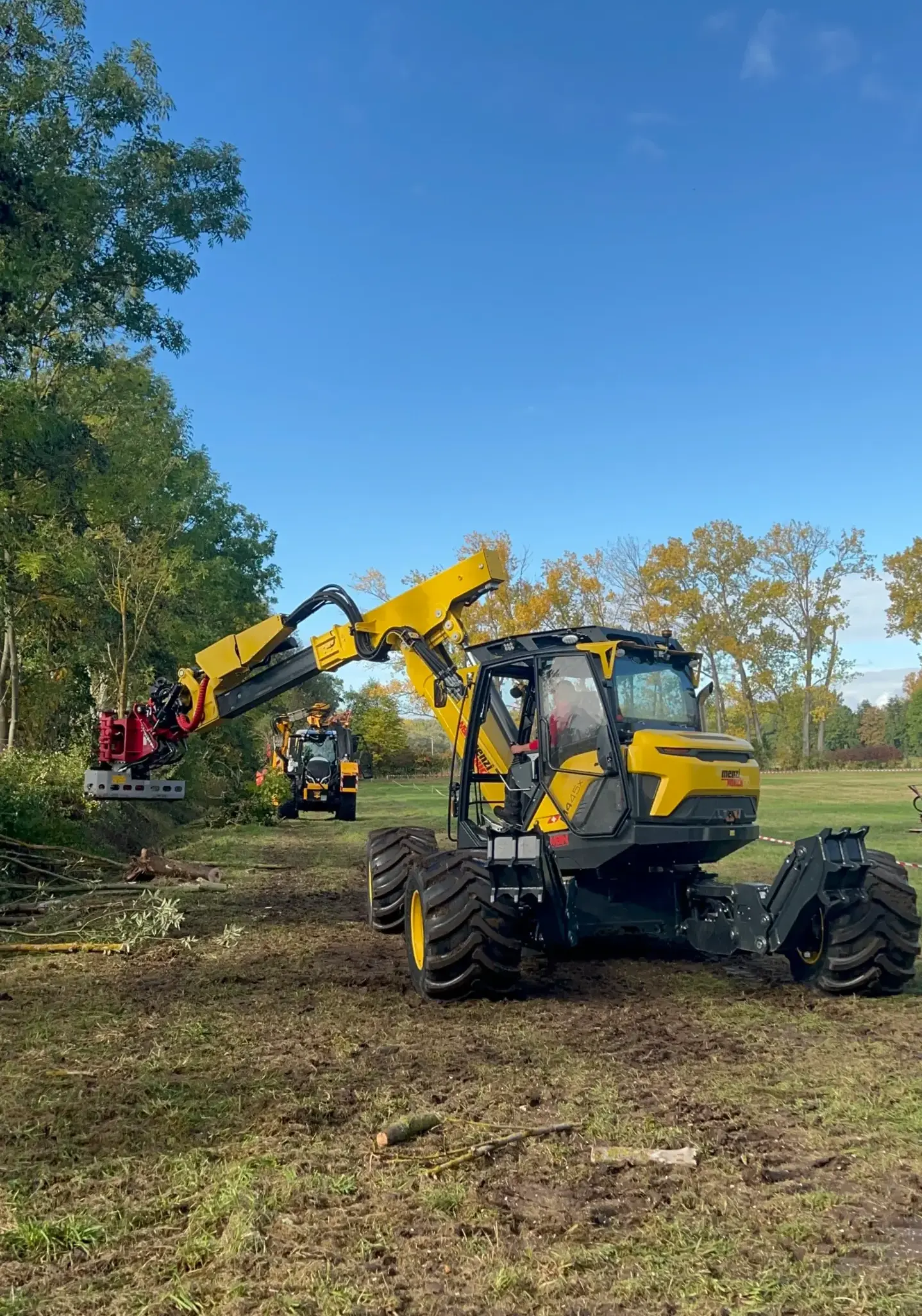 Gelber Menzi Muck M445x Schreitbagger mit Fällgreifer bei Rückschnittarbeiten an einem Baumstreifen bei Sonnenschein
