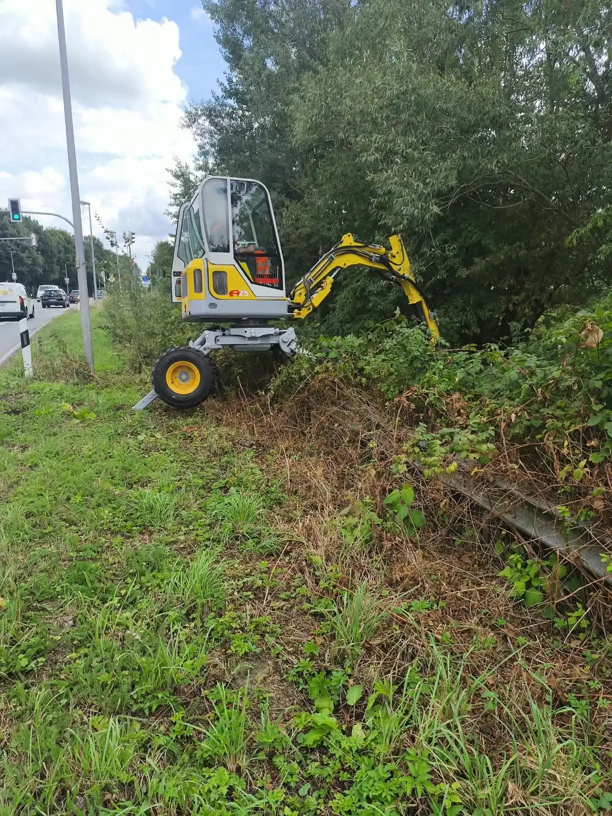 Schreitbagger-Menzi-Muck-A25-bei-der-Boeschungspflege-am-Strassenrand Ein gelber Menzi Muck Schreitbagger arbeitet mit ausgefahrenen Stützbeinen an einer dicht bewachsenen Böschung direkt neben einer Straße.