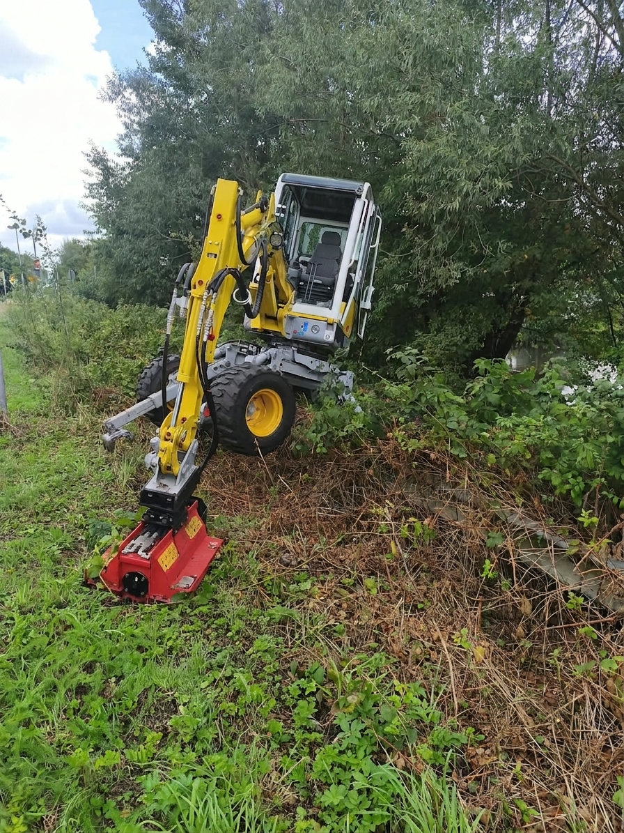 Ein gelb-grauer Menzi Muck Schreitbagger in extremer Schräglage an einem steilen, dornigen Hang bei der Landschaftspflege mit einem roten Mulcher.